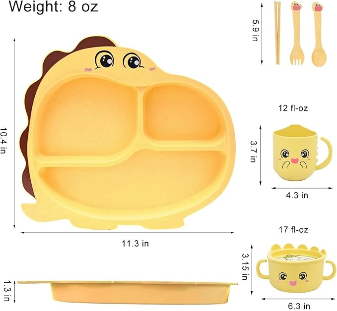 Bamboo Fiber Tableware Set 8 pcs for Kids (Cute Dinosaur)