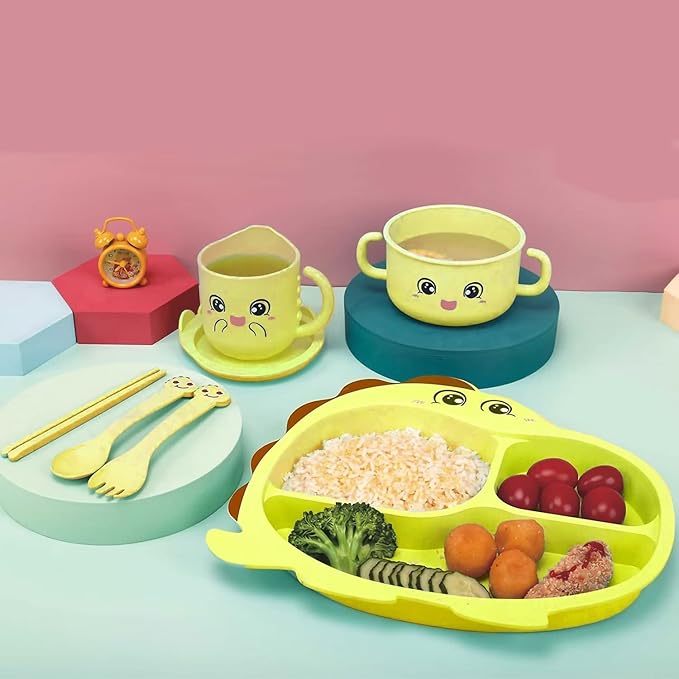 Bamboo Fiber Tableware Set 8 pcs for Kids (Cute Dinosaur)